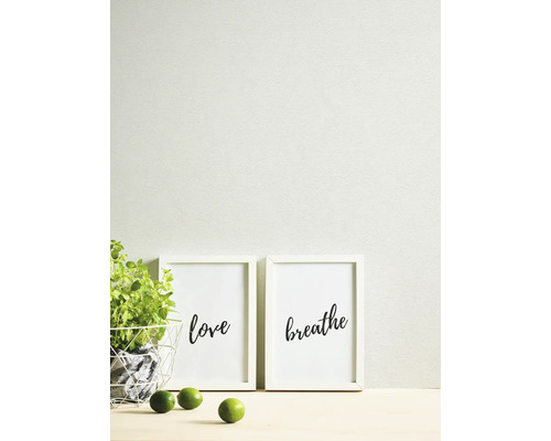 Hell gestaltete, organisierte Szene mit strukturierter Tapete, zwei weißen Bilderrahmen mit Schriftzügen love und breathe, Grünpflanze und Limetten.