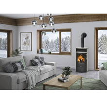 Moderner Kaminofen in einem hellen Wohnzimmer mit grauem Sofa, Holztisch und Blick auf eine verschneite Waldlandschaft.
