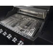 Gasgrill mit geöffnetem Deckel, Grillrosten aus Edelstahl und kreisförmigem Einsatz für Grillzubehör