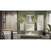 Modern eingerichtetes Bad mit Waschtischunterschrank, Spiegelschrank, Hochschrank, Dusche und freistehender Badewanne in organisierter Atmosphäre.