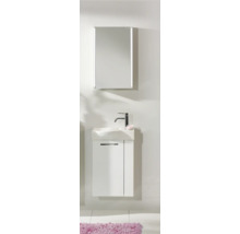 Moderner Waschplatz mit weißem Unterschrank, Keramikwaschbecken, Chrom-Armatur und beleuchtetem Spiegelschrank.