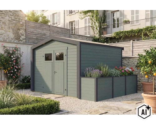 Modernes Gartenhaus aus Holz mit integriertem Pflanzkasten in einem gepflegten Garten vor einer Hausfassade. (Image AI modified or generated)