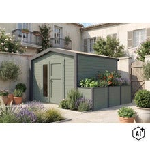 Modernes Gartenhaus aus Holz mit integriertem Hochbeet und Doppeltür im mediterranen Innenhof (Image AI modified or generated)