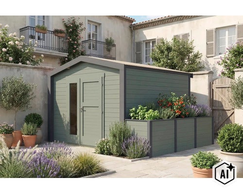 Modernes Gartenhaus aus Holz mit integriertem Hochbeet und Doppeltür im mediterranen Innenhof (Image AI modified or generated)