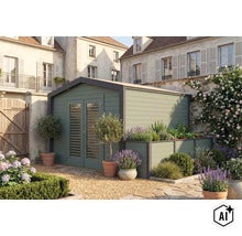 Modernes Gartenhaus aus Holz mit integriertem Hochbeet in einem Garten mit mediterraner Bepflanzung und Kieselboden vor einem Wohnhaus. (Image AI modified or generated)