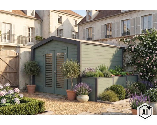 Modernes Gartenhaus aus Holz mit integriertem Hochbeet in einem Garten mit mediterraner Bepflanzung und Kieselboden vor einem Wohnhaus. (Image AI modified or generated)