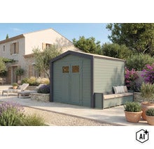 Modernes Holzgartenhaus mit integrierter Sitzbank im sonnigen Garten vor einem Steinhaus mit Terrasse. (Image AI modified or generated)