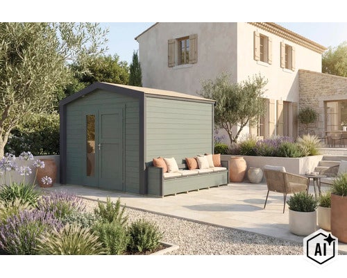 Modernes Gartenhaus aus Holz mit integrierter Sitzbank im sonnigen Garten vor einem Haus mit mediterranem Flair. (Image AI modified or generated)
