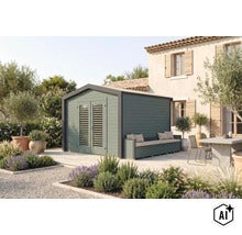 Modernes Gartenhaus aus Holz mit integrierter Sitzbank auf einer Terrasse vor einem Wohnhaus in mediterranem Gartenambiente. (Image AI modified or generated)