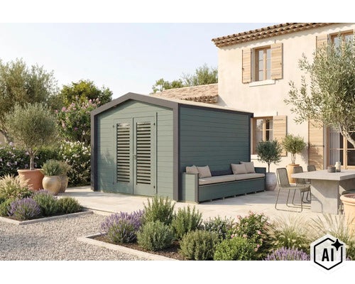 Modernes Gartenhaus aus Holz mit integrierter Sitzbank auf einer Terrasse vor einem Wohnhaus in mediterranem Gartenambiente. (Image AI modified or generated)