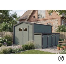 Gartenhaus mit integriertem Anbau als Mülltonnenbox aus Holz in einem Garten vor einem Backsteinhaus. (Image AI modified or generated)