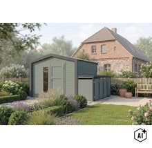 Gartenhaus mit integriertem Anbau als Mülltonnenbox in einem gepflegten Garten vor einem Wohnhaus. (Image AI modified or generated)