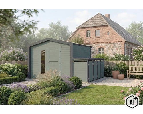 Gartenhaus mit integriertem Anbau als Mülltonnenbox in einem gepflegten Garten vor einem Wohnhaus. (Image AI modified or generated)