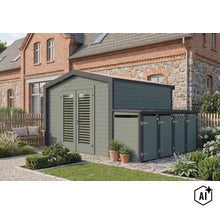 Gartenhaus mit integriertem Anbau und Doppeltür vor einem Backsteinhaus mit Natursteinmauerwerk in einem gepflegten Gartenbereich. (Image AI modified or generated)