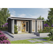 Modernes Gartenhaus aus Holz in Anthrazit mit weißen Fenstern und Türen, eingerichtet als helles Homeoffice auf einer Steinterrasse im Garten.