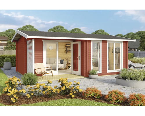 Rotes Gartenhaus aus Holz mit weißen Fensterrahmen und Glastüren auf einer gepflasterten Terrasse inmitten eines Gartens mit gelben Blumen.