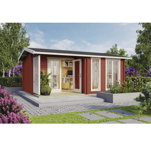 Gartenhaus aus Holz mit Satteldach, Sprossenfenstern und Glastüren, als Gartenbüro eingerichtet in bepflanztem Garten mit gepflasterter Terrasse.