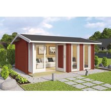 Modernes rotes Gartenhaus aus Holz mit Satteldach, großen Glasfronten und weißen Rahmen in einer Gartenanlage.