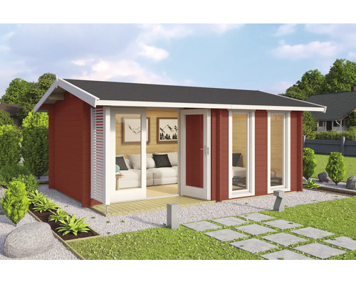 Modernes rotes Gartenhaus aus Holz mit Satteldach, großen Glasfronten und weißen Rahmen in einer Gartenanlage.