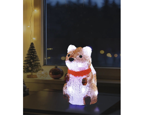 Beleuchtete Acrylfigur Eichhörnchen mit rotem Schal auf einem Tisch, Weihnachtsdekoration für den Innenbereich mit Tannenbaum im Hintergrund.