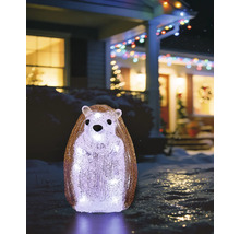 Stehender Igel aus Acryl, von innen kaltweiß leuchtend, winterliche Außendekoration in einem verschneiten Garten vor einem beleuchteten Haus.
