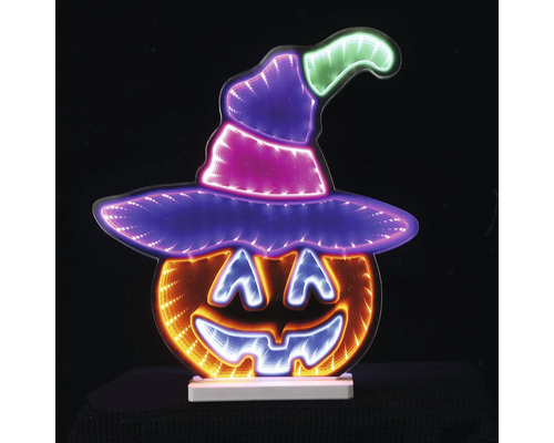 Halloween-LED-Dekoration Kürbis mit Hexenhut und Unendlichkeits-Spiegeleffekt.