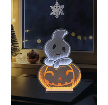 LED-Halloween-Dekoration mit Geist auf einem Kürbis und Unendlichkeitsspiegeleffekt, auf einem Tisch vor einem Fenster mit winterlicher Dekoration.