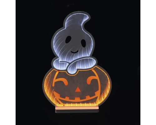 Halloween LED-Dekoration Geist auf Kürbis mit Infinity-Spiegeleffekt und Standfuß.
