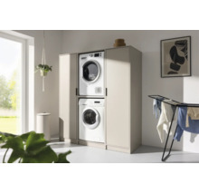 Moderner Waschmaschinenschrank in Beige mit zwei Hochschränken und Nische für Waschmaschine und Trockner