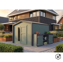 Gartenhaus aus Holz mit integriertem Anbau und Regalsystem im Vorgarten eines modernen Einfamilienhauses mit Backsteinfassade. (Image AI modified or generated)