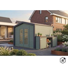 Modernes Gartenhaus aus Holz mit Doppeltüren und integriertem Anbau zur Aufbewahrung von Gartenutensilien im Garten. (Image AI modified or generated)