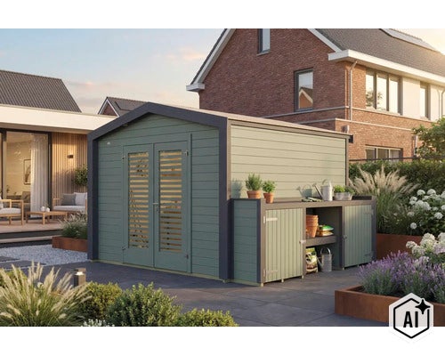 Modernes Gartenhaus aus Holz mit Doppeltüren und integriertem Anbau zur Aufbewahrung von Gartenutensilien im Garten. (Image AI modified or generated)