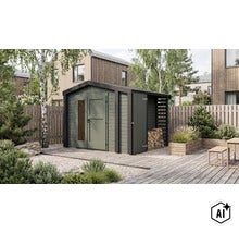Modernes Gartenhaus aus Holz mit integriertem Holzunterstand im Garten, aufgestellt auf einer Terrasse neben einem Holzzaun. (Image AI modified or generated)