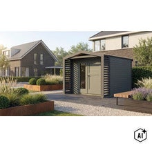 Modernes Gartenhaus mit Doppeltür und seitlichen Lamellenwänden in einem gepflegten Garten mit Pflanzkübeln aus Cortenstahl und Terrassenplatten. (Image AI modified or generated)