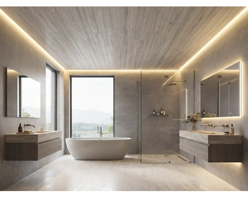 Modernes Bad mit freistehender Wanne, Glasdusche und hängenden Waschtischen. Indirekte LED-Beleuchtung an Holzdecke und Spiegeln. Graue Wandfliesen.
