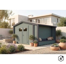 Modernes Gartenhaus aus Holz mit Doppeltür und integrierter Überdachung inklusive Sitzbank im gepflegten Garten mit mediterraner Gestaltung. (Image AI modified or generated)