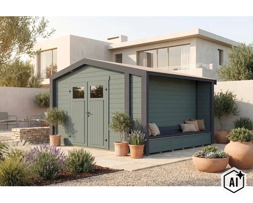 Modernes Gartenhaus aus Holz mit Doppeltür und integrierter Überdachung inklusive Sitzbank im gepflegten Garten mit mediterraner Gestaltung. (Image AI modified or generated)