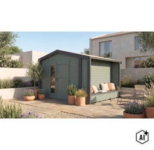 Modernes Gartenhaus aus Holz mit integrierter Sitzbank und überdachter Terrasse in einem gepflegten Garten mit mediterraner Bepflanzung. (Image AI modified or generated)
