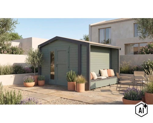 Modernes Gartenhaus aus Holz mit integrierter Sitzbank und überdachter Terrasse in einem gepflegten Garten mit mediterraner Bepflanzung. (Image AI modified or generated)