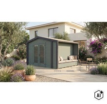 Gartenhaus mit integrierter überdachter Loungeecke und Sitzbank im Garten vor einem Wohnhaus. (Image AI modified or generated)