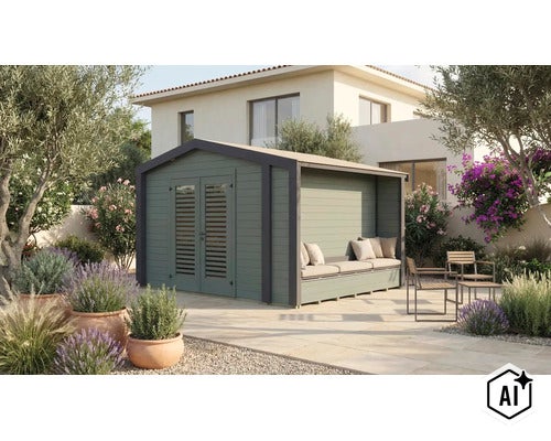 Gartenhaus mit integrierter überdachter Loungeecke und Sitzbank im Garten vor einem Wohnhaus. (Image AI modified or generated)