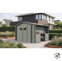 Gartenhaus aus Holz mit integriertem Anbau und Doppeltür, aufgestellt im modernen Garten vor einem Wohnhaus. (Image AI modified or generated)