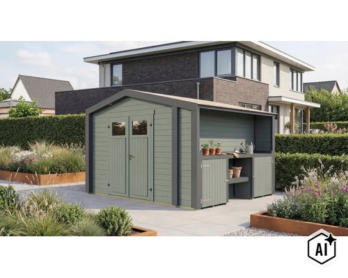 Gartenhaus aus Holz mit integriertem Anbau und Doppeltür, aufgestellt im modernen Garten vor einem Wohnhaus. (Image AI modified or generated)