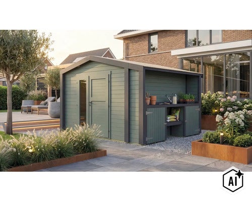 Gartenhaus mit integriertem Schleppdach und Schrankelementen aus Holz, ideal als Geräteschuppen für den Garten und die Terrasse. (Image AI modified or generated)