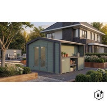 Gartenhaus aus Holz mit integriertem Unterstand und Doppeltür im modernen Garten vor einem Wohnhaus. (Image AI modified or generated)