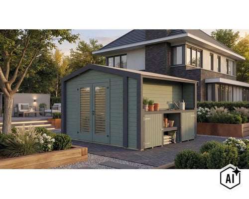 Gartenhaus aus Holz mit integriertem Unterstand und Doppeltür im modernen Garten vor einem Wohnhaus. (Image AI modified or generated)