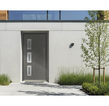 Moderne Hauseingangstür in Anthrazit mit drei Lichtausschnitten und langem Edelstahlgriff in einer hellen Fassade mit Bepflanzung.