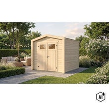 Gartenhaus aus Holz mit Doppeltür und Fenstern im Garten auf einer Terrasse stehend. (Image AI modified or generated)