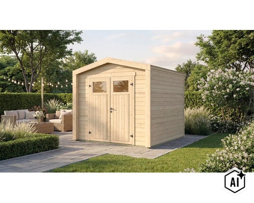 Gartenhaus aus Holz mit Doppeltür und Fenstern im Garten auf einer Terrasse stehend. (Image AI modified or generated)