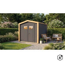 Modernes Gartenhaus aus Holz mit Doppeltüren und Fenstern in einem gepflegten Garten mit Sitzbereich und Feuerstelle. (Image AI modified or generated)